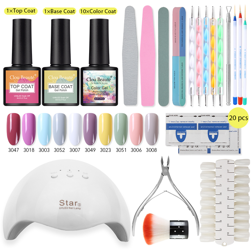 

Clou Beaute Nail set 12W UV LED LAMP for Manicure 10 Pcs Gel nail polish 8 ML Top Base Semi Permanent Varnish Art Tools, Zh04