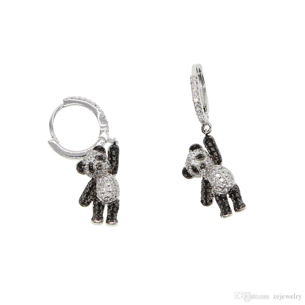 

2018 Free shipping Korea New Fashion Cartoon Cute Panda Metal Earring with clear tiny CZ For Women lovely girl Animal earring Luxury Jewelry, Golden;silver