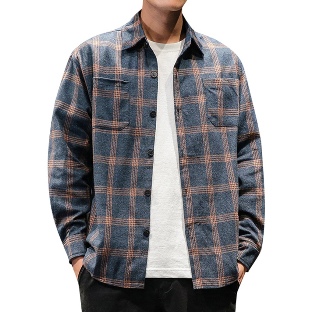 

Fashion Men's Plaid Long Sleeve Shirts Retro Casual Pockets Sweatshirts Tops Single Breasted Simple Blouses camisa masculina#Y