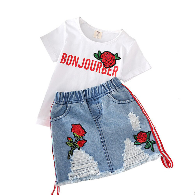 

Girls Clothes White T-shirt Denim Skirt 2pcs Girls Suits 2020 New Summer Fashion Kids Clothes Letter Printed Flower Children Clothing Set