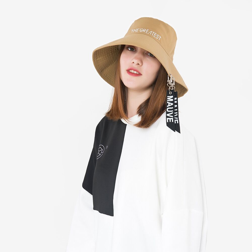 Fashion Female Ribbon Letter Basin Cap Flat Top Big Brim Bucket Hat Casual Style