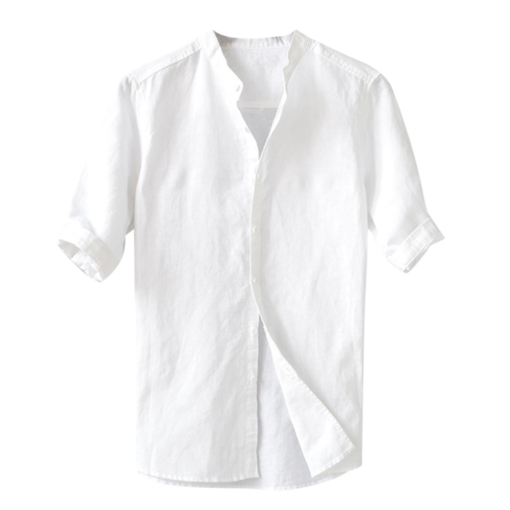 

Men Shirt Short Sleeve Summer Men's Breathable Solid Color Button Cotton Shirt Five-point Sleeve Men New Fashion Casual Basic, Gray