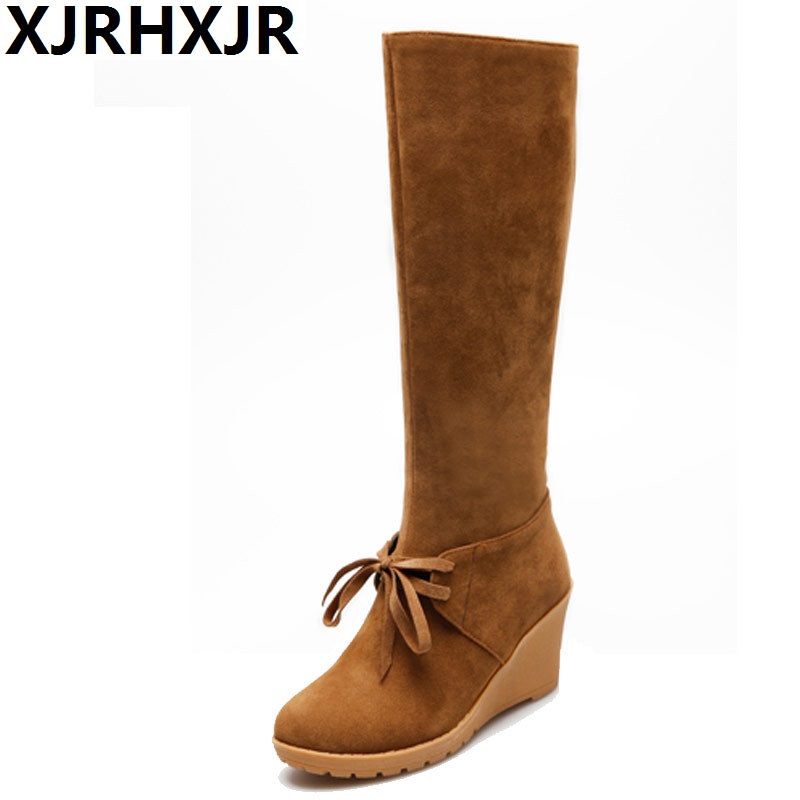 

XJRHXJR Winter Suede Shoes Women Knee High Boots Hidden Wedge Long Boots Woman Fashion Motorcycle Boot Plus Size 34-43, Beige