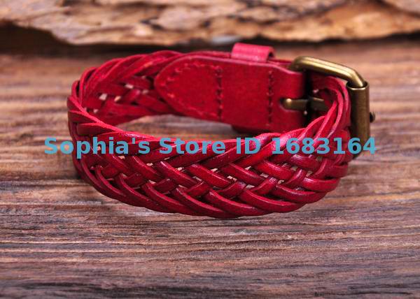 

G122 Red Cool Classic Braided Leather Bracelet Wristband Cuff Mens