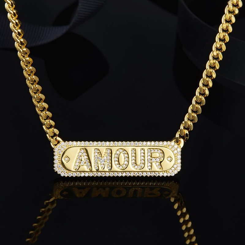 

Fashion Hiphop Yellow Gold Letter AMOUR Chain Necklace Gold Chain Paved Cubic Zirconia Women Men Fine Jewelry