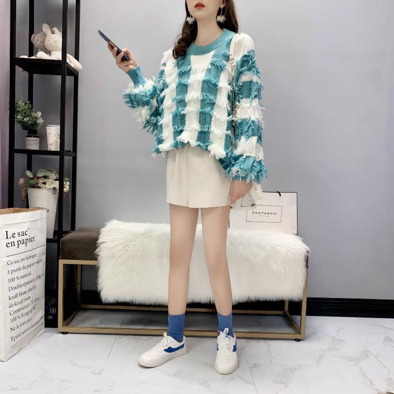 

2020 New Spring Autumn Women Tops Pullover O-neck Knitted Tassel Soft Sweet Striped Loose Thin Long Sleeve Hot Sale Sweater T02, Green