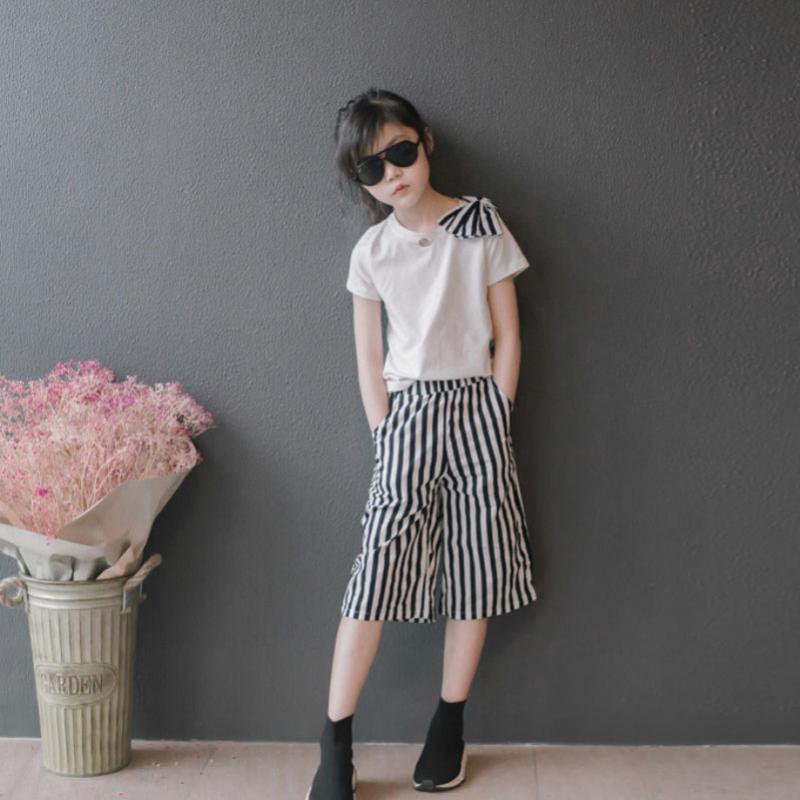 

YourSeason Girls Two Piece Set 2020 New Kid Girls Casual Shirts And Fashion Stripe Wide Leg Pants Summer Suit Short Sleeve, White