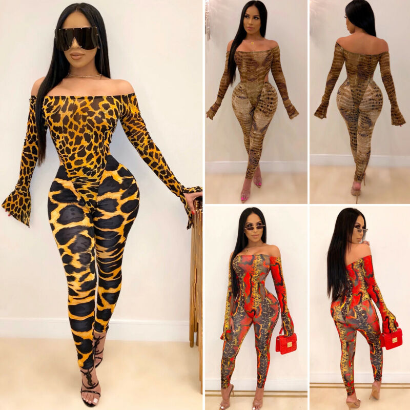 

Women Off Shoulder Leopard Jumpsuit Romper Tops Pants Clubwear Clothes 2pcs Set, Brown