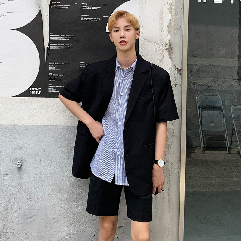 

Summer New Korean Version Of The Loose Harajuku Trend Student Business Casual Sleeves Detachable Blazer, Gray pants