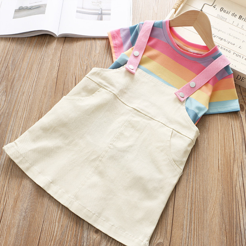 

Kids Girls Clothes Cotton Casual Clothes Set Rainbow Plaid T-Shirt+ Strap Dress Cute Toddler Girls 2Pcs Summer Children Outfits