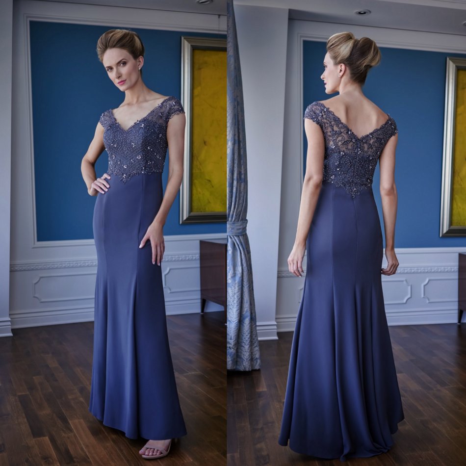 

Sheath Mother Of The Bridal Dresses V Neck Capped Beaded Chiffon Prom Dress Floor Length Mothers Dresses