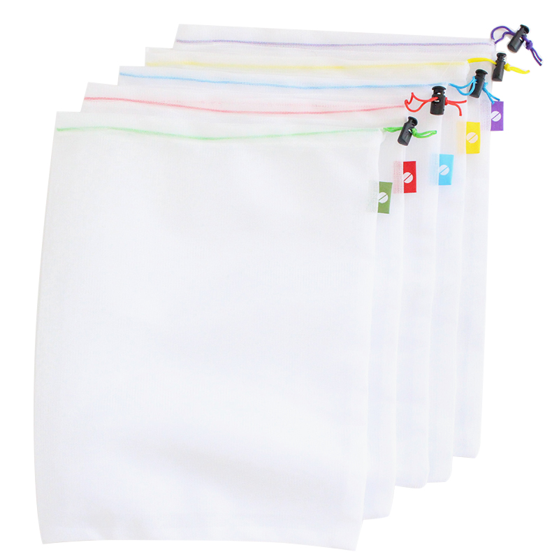 

5 PCS Supermarket mesh cloth bundle pocket Reusable Cotton Kitchen green fruit vegetable mesh storage bag polyester stitching