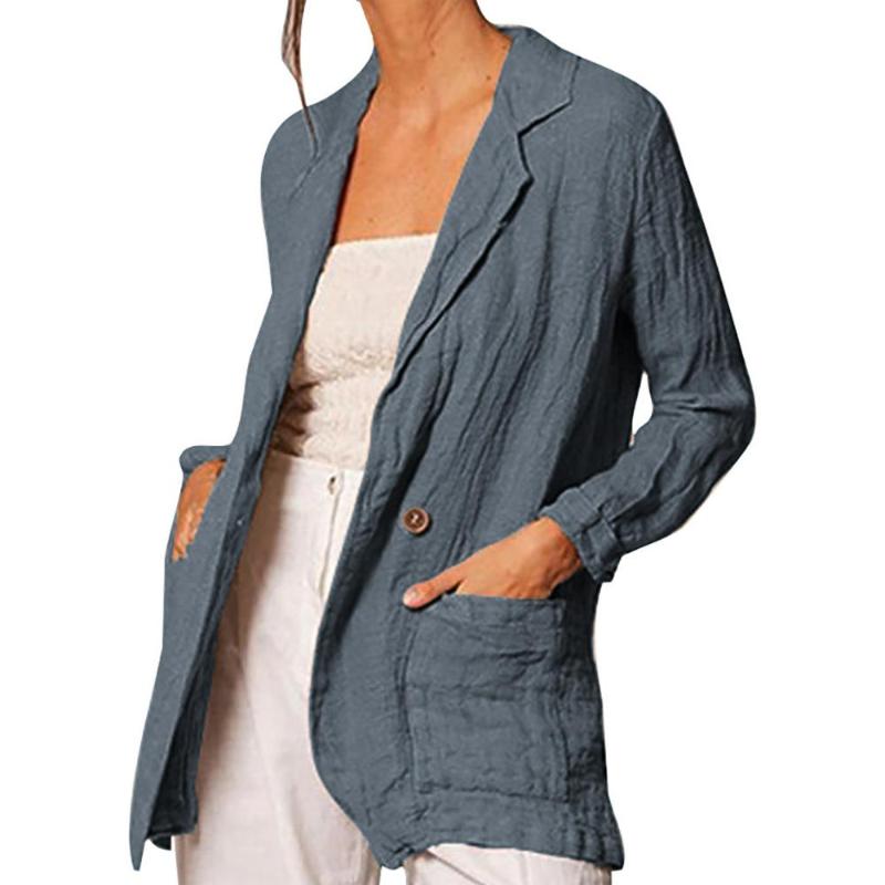 

Women Solid Buttons Long Sleeves Cotton And Linen Pocket blazer Cardigan Loose Suit female vintage autumn outwear black white