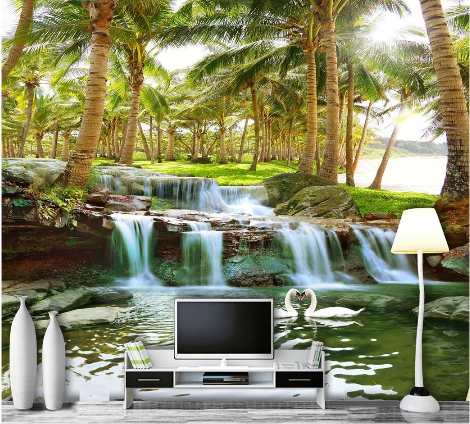 

WDBH 3d photo wallpaper custom mural Coconut tree forest water waterfall landscape painting Home decor living Room wallpaper for walls 3 d, Non-woven