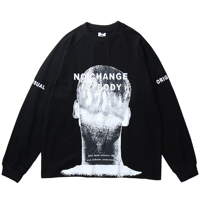 

Januarysnow Streetwear Men T Shirt Hip Hop Oversize Head Print Tee Shirts Long Sleeve Cotton Casual Black T-Shirt Fashion Loose HipHop, White