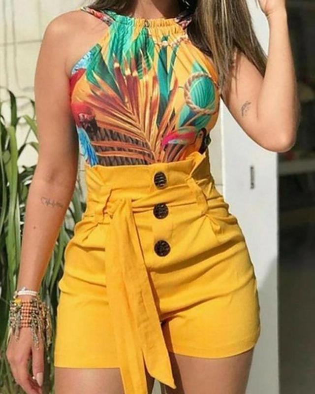 

Women Button High Waist Belted Short Female Summer Casual Shorts, Black