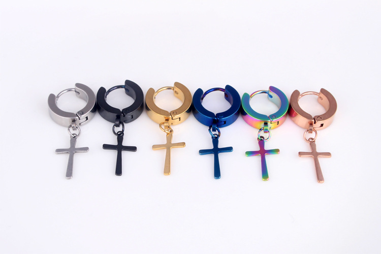 

Fashion Men Women Cross Earrings Silver Gold Black Titanium Steel Jesus Cross Pendiente Small Hoop Huggie Earrings Jewelry