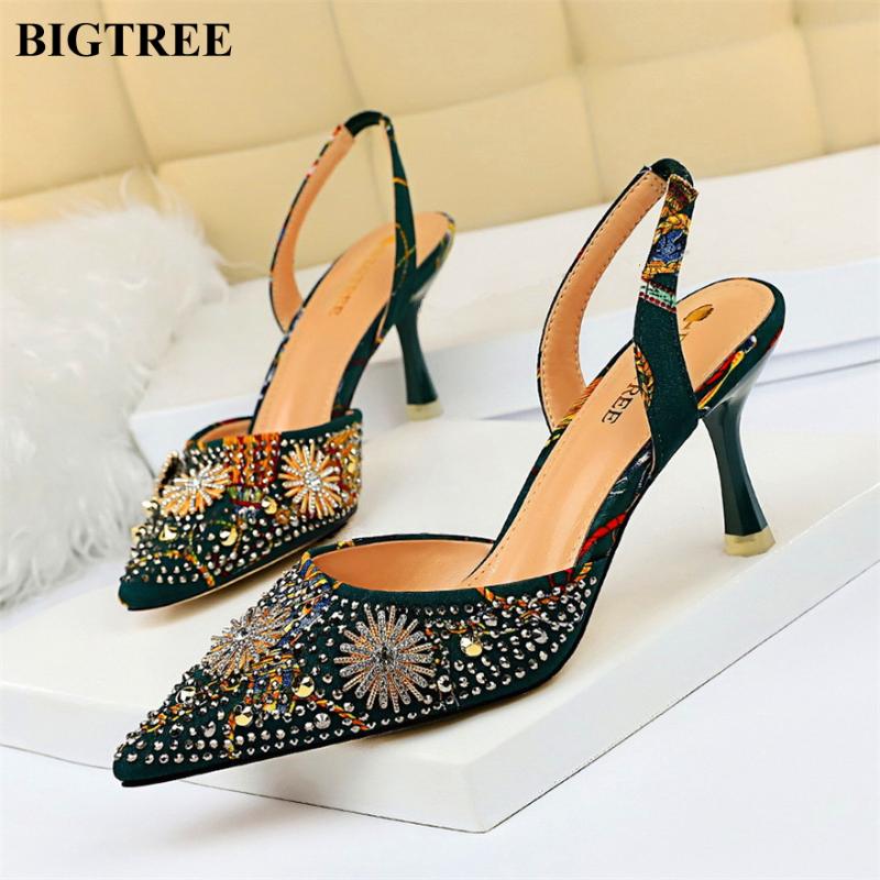 

Pointed Toe Flower Rhinestone Back Strap Sandals Woman Fashion Metal Rivet 7cm High Heels Women Pumps Shallow Party Dress Shoes, Champagne