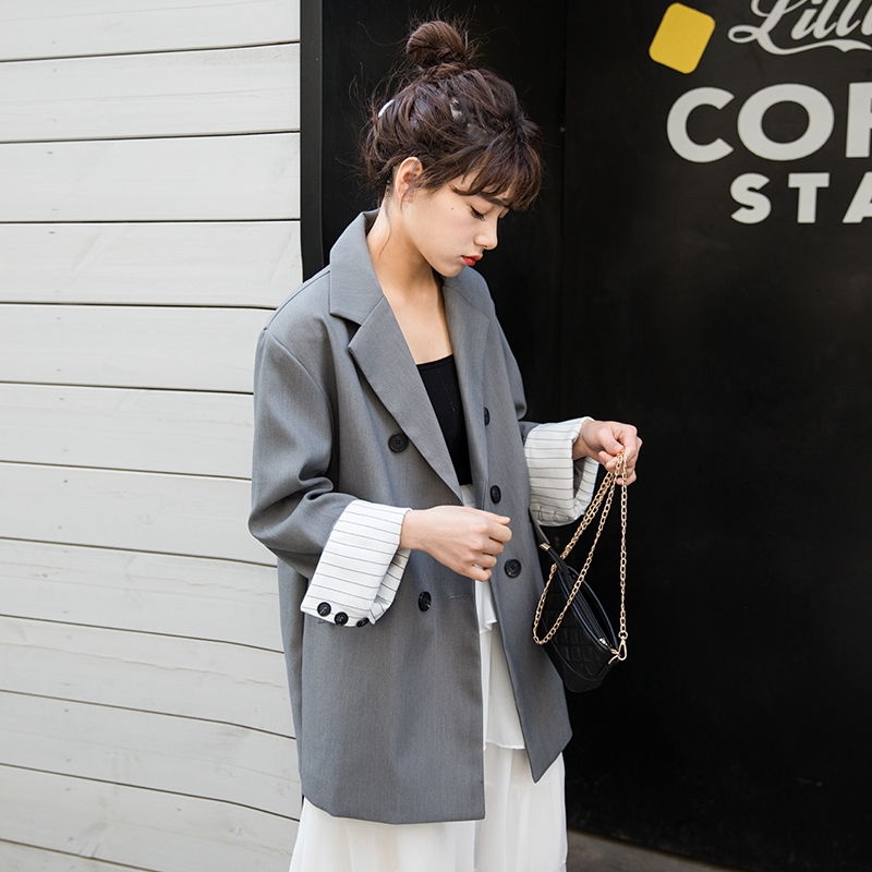 

2019 Autumn New Women' Blazers Temperament Elegant Casual British Style Solid Color Loose Leisure Women Coat Double Breasted, Black