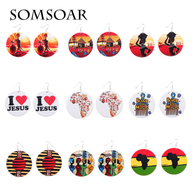 

New wooden earrings Geometric round printed wood earrings European and American explosion models African Bohemian earrings