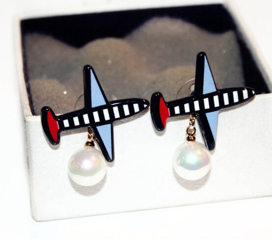 very cute new hot ins fashion luxury designer lovely airplane pearl stud earrings for woman girls-image-499148132
