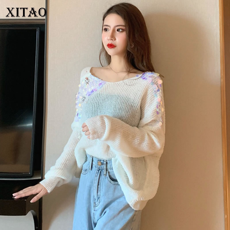 

XITAO Sequin Knitted Thin Sweater Women Fashion Criss Cross Backless Hole Perspective Elegant Small Fresh Casual Sweater GCC2435, White gcc2435