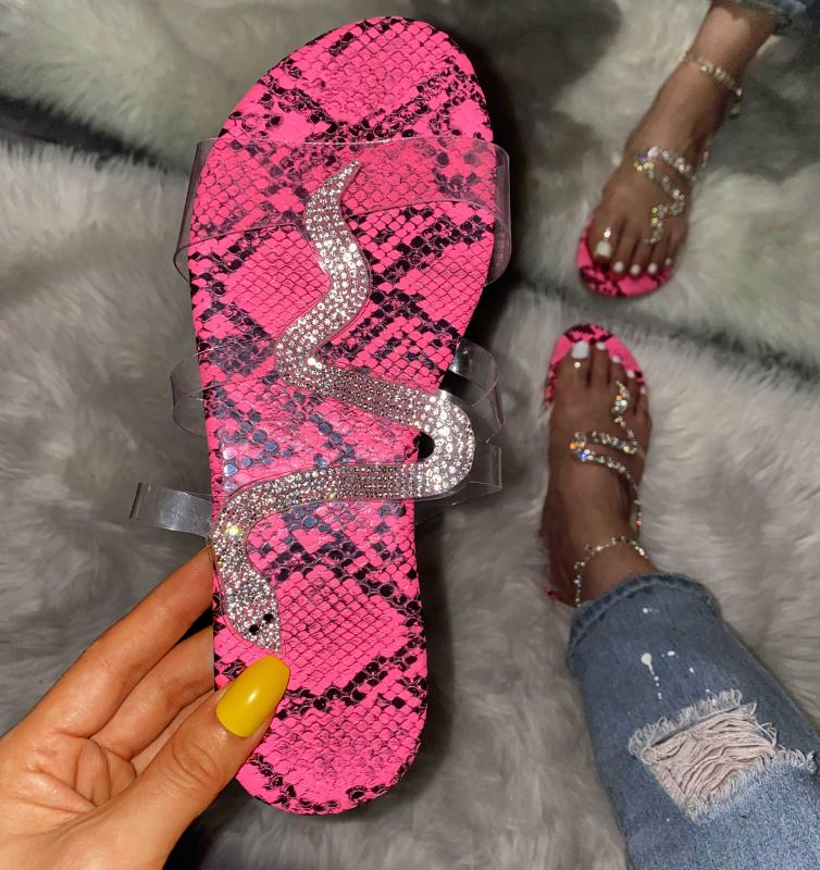 

2020 Women's Snake-shaped Rhinestone Flat Slippers Women Summer Outside Beach Candy Casual Flip Flops Casual Shoes, Gray