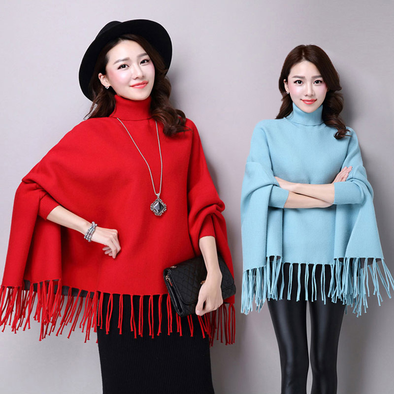

Spring Autumn New Womens Elegant Socialite Cashmere Tassel Cardigan Sweaters Batwing Sleeves Turtleneck Cape Outwear Knit Poncho, Black