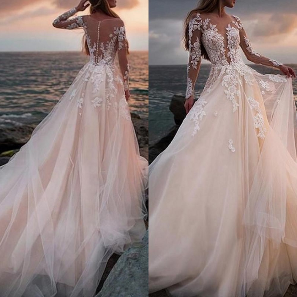 

2020 Sexy Champagne Wedding Dresses A Line Keyhole Long Sleeves Jewel Neck Sheer Beach Boho Lace Appliques Floor Length Formal Bridal Gowns, Same as image