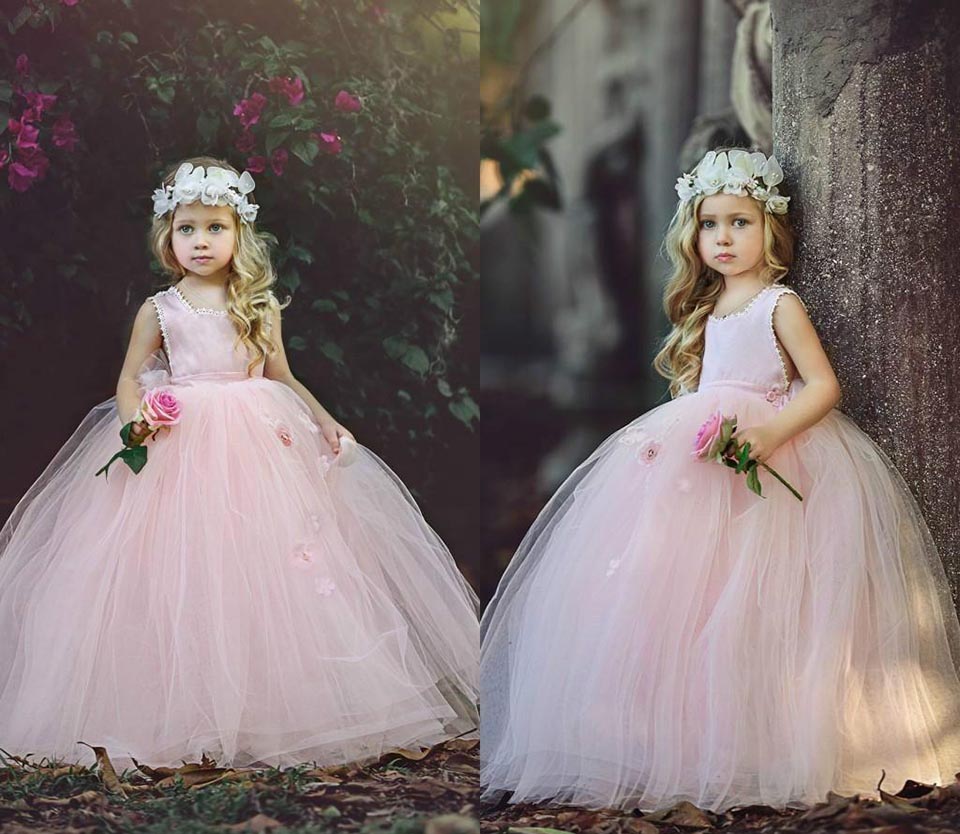 Longue princesse rose filles Pageant robes à la main fleurs dentelle bord romantique enfants robes de fête d'anniversaire robe de fille de fleur