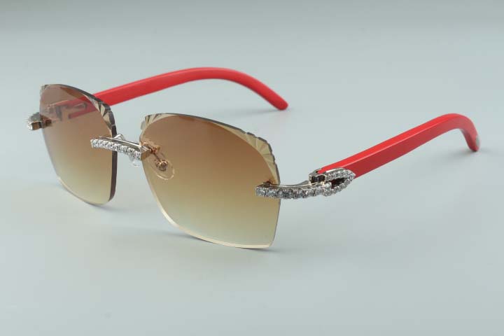

2019 Newest style diamonds design T3524018-5 micro cutting lenses sunglasses, natural red wooden temples glasses, size: 18-135mm