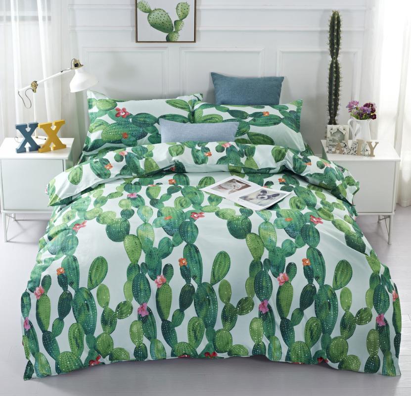 

BEST.WENSD Green queen size comforter sets Cactus duvet cover king size dekbed overtrek flower print duvet sets with pillowcase, As picture