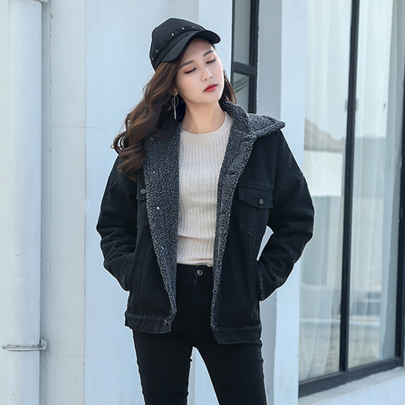 

Top Quality 2018 Autumn Winter Jeans Jacket Women Fashion Lambskin Liner Coat Black Blue Cotton Parkas Denim Coat Chaqueta Mujer