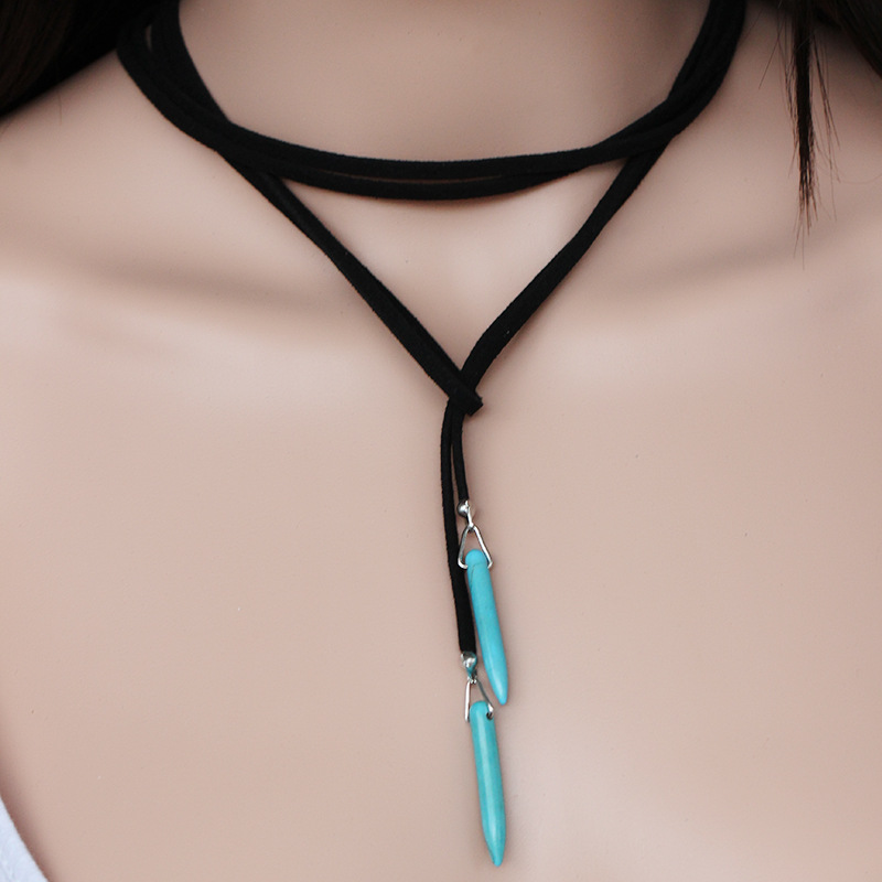 

retro Bohemian velvet natural turquoise boho necklace pendant sweater choker necklace jewelry, Silver