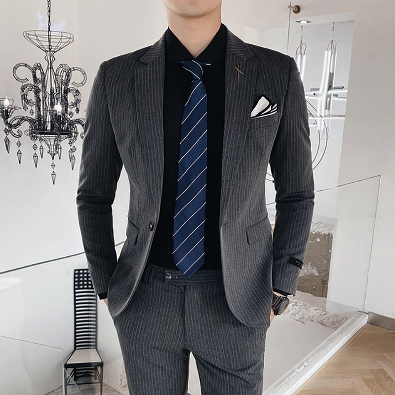 

2020 South Korean Slim Men's Stripe Suit Bridegroom Best Man Suit Pants Two Piece Business Casual Plus Size, Dark grey