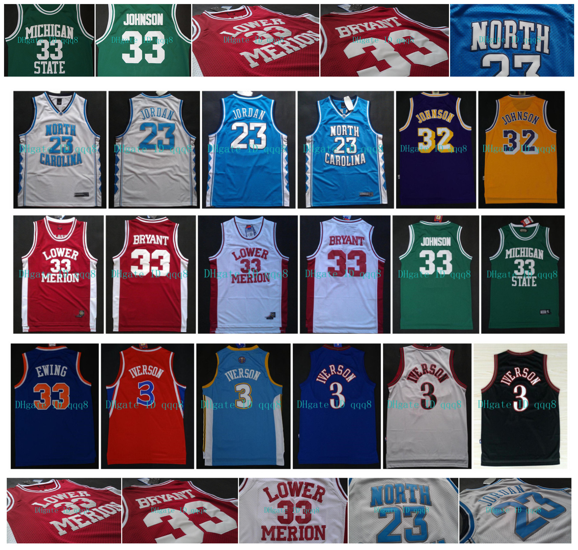 

NCAA Michael 23 MJ North Carolina Jersey Lower Merion 33 Bryant Allen 3 Iverson Magic 32 Johnson Michigan State 100% Stitched Basketball, As pic