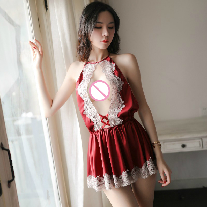 

Sexy Dress Erotic Lingerie Women Hollow Lace Satin Backless Seduction Deep V Halter Sling Babydoll Nightgowns Intimate Clothes LY191224, Red