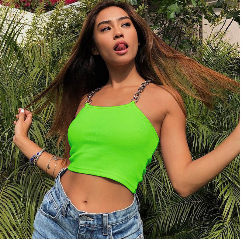 

New Women Basic Pure Tank Top Bustier Vest Crop Top Bralette Singlet Aluminum chain detachable ins HOT High Street Fashion Club, Black