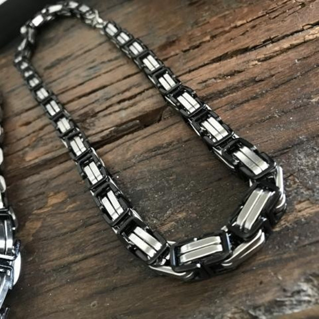 Silver & Black Wide Stainless Steel Necklace Square Chain Men's Necklace Men Jewelry 8MM/12MM/15MM-image-548909450