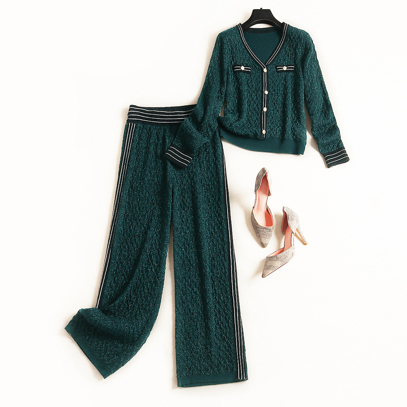 

2020 Fall Long Sleeve V Neck Blue / Green Striped Knitted Single-Breasted Cardigans + Panelled Long Pants Two Piece 2 Pieces Set ON2852305