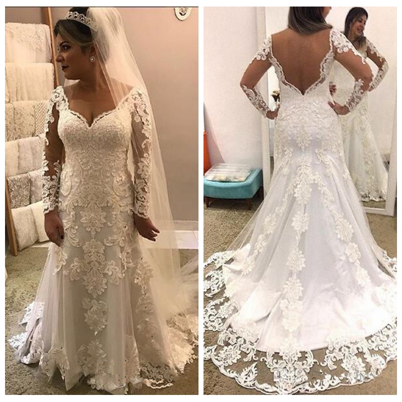 

Vintage Slim Mermaid Lace Appliques Long Sleeves Wedding Dresses 2020 Sexy Backless Formal Bridal Gowns Modest Customized Vestidos De Mariee, Champagne