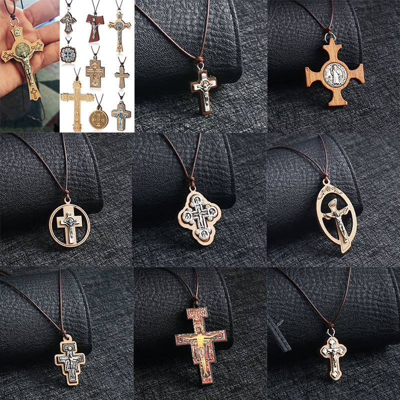 

INRI Wooden Cross Necklace Adjustable Rope Chains Crucifixion Jesus Catholic Orthodox Religion Pendant Necklace Prayer Jewelry