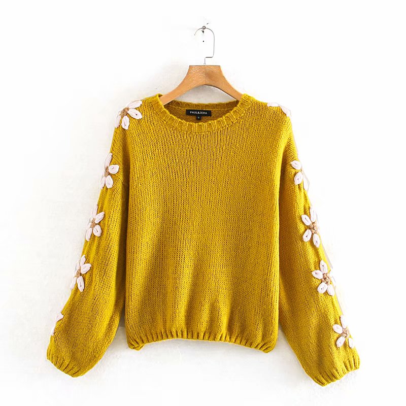 

casual yellow woman embroidery sweater 2019 spring-autumn new fashion o-neck puff sleeve ladies pullover elegant loose blusas