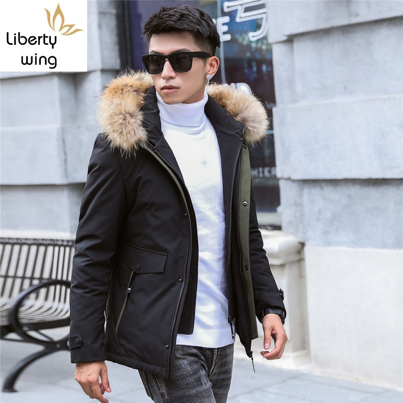 

Winter New Fake 2 Piece Mens Slim Fit Parka Casual Motorcycle Biker Windproof Overcoat Fur Collar Hoody Padded Down Jacket, Black