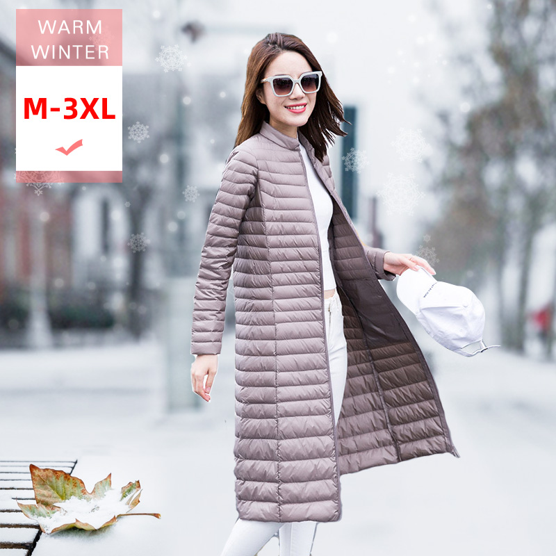 

Women X-long Down Slim Jacket Female Ultra Light Stand Collar Warm Casual Zipper Feather Coat White Duck Down Windproof Outwear, Pink