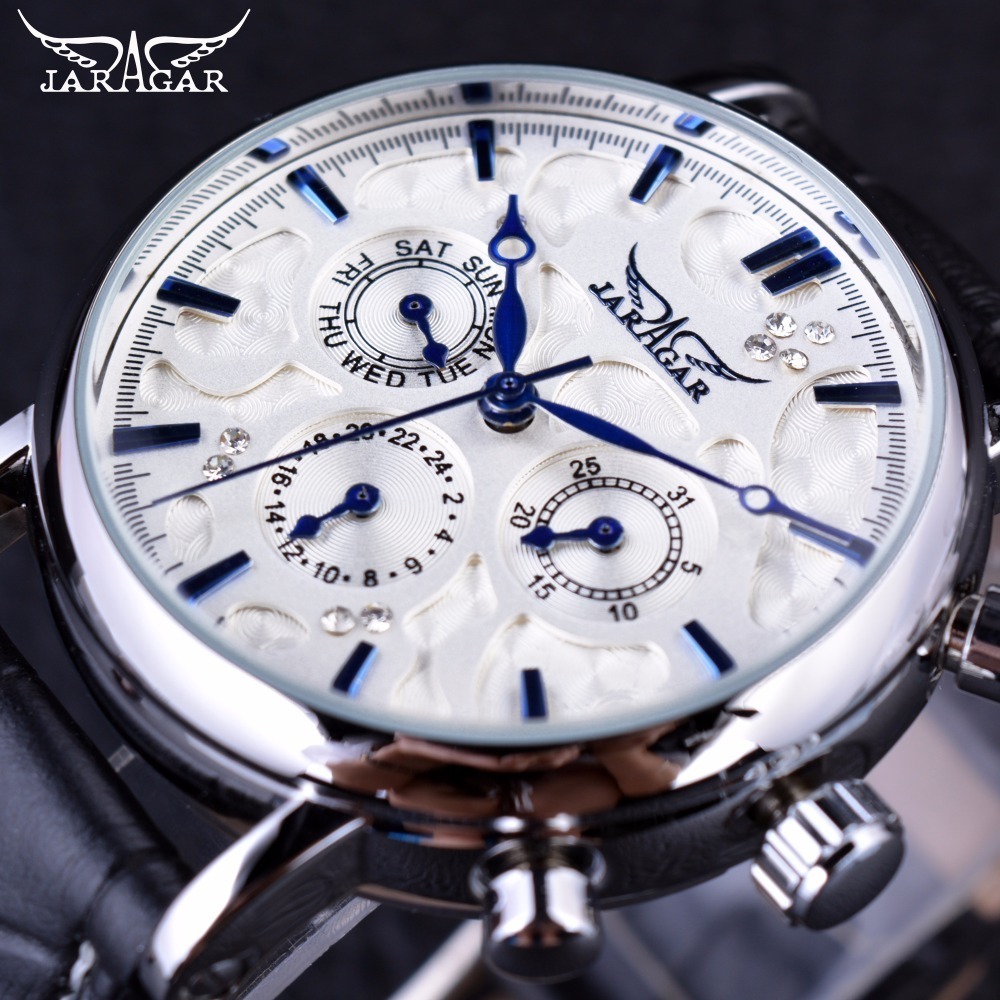 

Jaragar Blue Sky Series Elegant Design Genuine Leather Strap Male Wrist Watch Mens Watches Top Brand Luxury Clock Men Automatic Y19061905, White blue