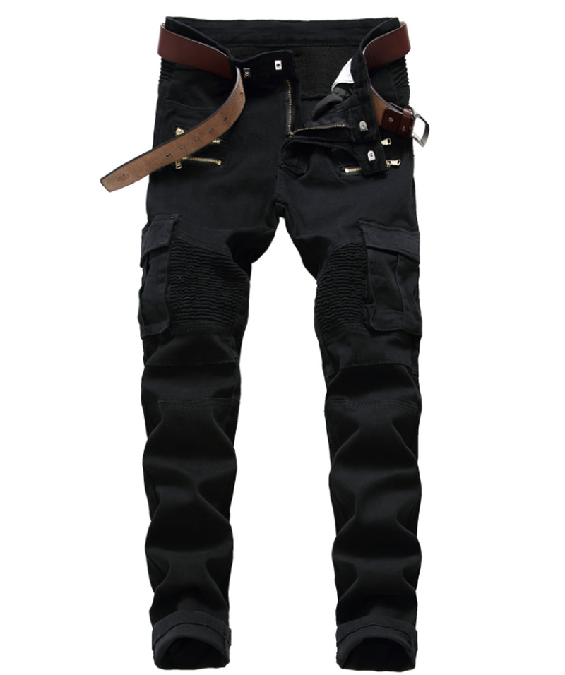 

Men's ripped slim pure white red black large size biker jeans Fashion casual patchwork Knee zipper Elastic denim pants trousers, Army green