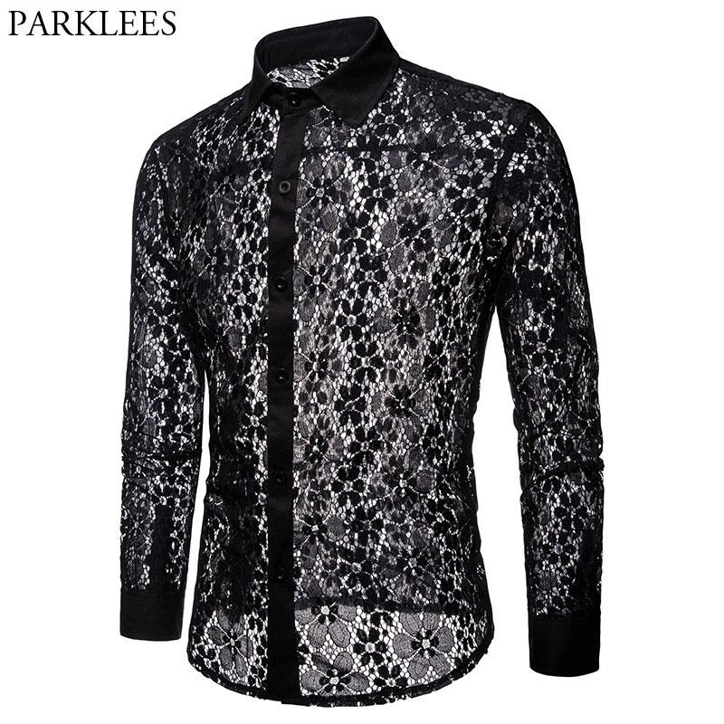 

Luxury Floral Embroidery Lace Shirt Men Brand New Transparent Sexy Dress Shirts Mens See Trough Club Party Black Shirt Male, White