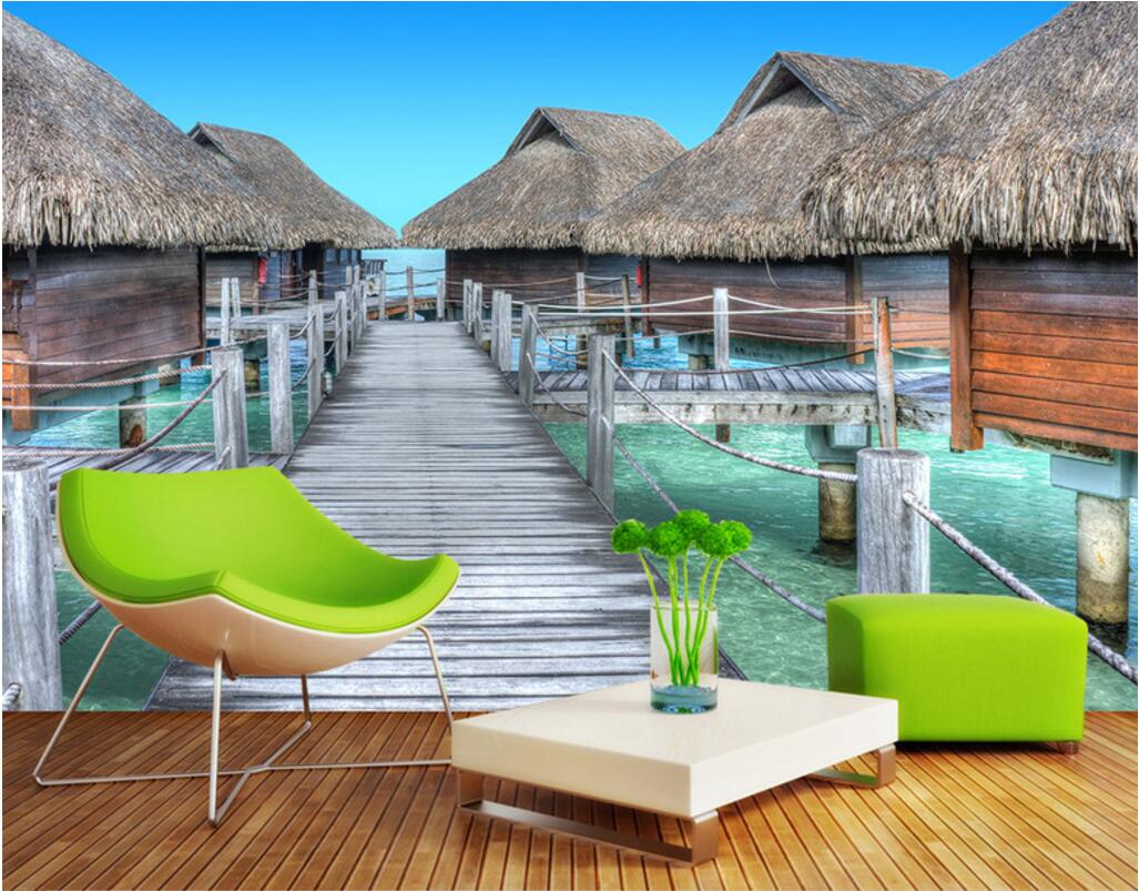 

WDBH 3d wallpaper custom photo Seaside holiday wooden bridge hut background home decor living room 3d wall murals wallpaper for walls 3 d, Non-woven