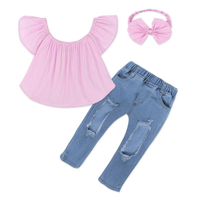 

2020 Girls Sets Children Summer Suits Girls Jeans Suit Kids Pink Top+ Hole Jeans Trousers+ Headdress 2020 Style Child Casual Two-piece